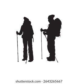 Silhouette of Two Hikers with Backpacks and Poles Standing Side by Side
