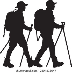 Silhouette of two hikers with backpacks and trekking poles walking side by side. Perfect for adventure, travel, outdoor activities, hiking, exploration, and nature concepts.