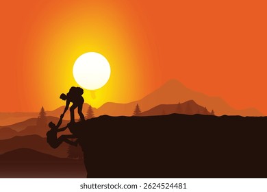 Silhouette of Two Hikers in a Dramatic Mountain Sunset Scene, One Helping the Other Climb a Cliff Edge Against a Glowing Orange Sky with Majestic Peaks and Trees in the Background