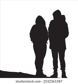 Silhouette of two hooded figures standing on a hill, creating a mysterious and dramatic scene.