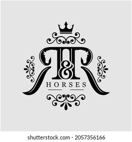 silueta de dos caballos con un logotipo de RR clásico y elegante