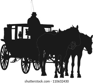 Silhouette Two Horses Coach Coachman Stock Vector (Royalty Free ...