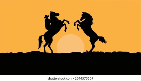 Silhueta de dois cavalos e um vaqueiro em um rancho contra o pano de fundo do sol que se põe à noite
