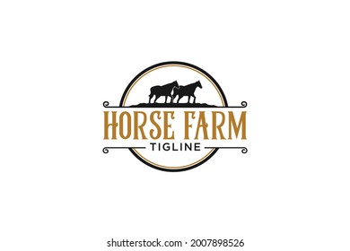 Silhouette of two horses vintage logo design Ranch in western countryside.