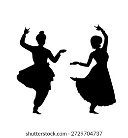 Silhouette von zwei indischen klassischen Tänzern, die traditionelle Tanzbewegungen einzeln auf weißem Hintergrund ausführen.