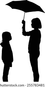 Silhouette of two individuals, a child and an adult, with the adult holding an umbrella over the child.