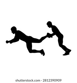 Silhouette of two individuals engaged in a playful tug of war, emphasizing teamwork and competition in a lively, energetic scene.