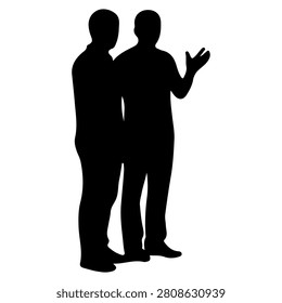 Silhouette of two individuals standing and talking, with one gesturing, against a plain white background, emphasizing communication and interaction.