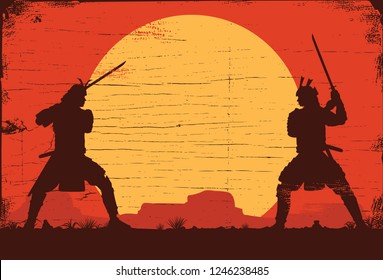 Silhouette of two Japanese Samurai sword fighting, Vector Illustration Silhouette of two Japanese Samurai sword fighting, Vector Illustration