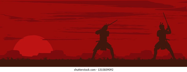 Silhouette Of Two Japanese Samurai Sword Fighting, Vector Illustration