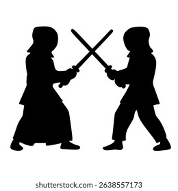 Silhouette of two Kendo fighters fighting. Kendo is a Japanese sport. Silhouette of men fighting. Vector illustration