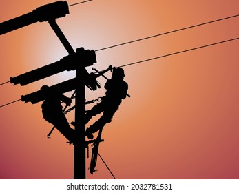 The silhouette of two linemans use devices that are insulated for maintenance high voltage distribution system. To prevent power outages. The background is the sky.