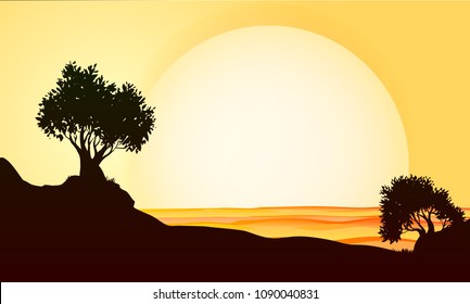 Silhouette of two lonely trees on the rocks against the background of the evening sunset and the watery surface of the lake or ocean. Vector background illustration
