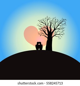 Silhouette of two in love boys, in front of the daybreak