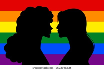 silhouette of two lovers in front of lgbt flag, vector illustration