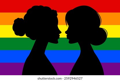 silhouette of two lovers in front of lgbt flag, vector illustration