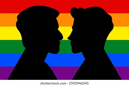 silhouette of two lovers in front of lgbt flag, vector illustration