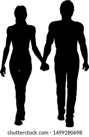 Silhouette of two lovers walking hand in hand. Vector illustration. 