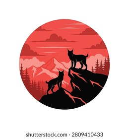 Silhouette of two lynxes on rocky mountain cliffs with pine forest and snow-capped peaks in the background, stylized circular design with shades of red sky and clouds, vector art.