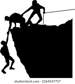 Silhouette of two male climbers rescuing another climber pulling his hand from a precipice. The concept of mutual assistance in business and not only