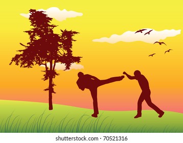 silhouette of two man making kickboxing exercises on summer field near tree, yellow sky