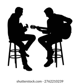 Silhouette A silhouette of two man playing an acoustic guitar in a seated position. Silhouette of two men playing guitars on stools Vector illustration
