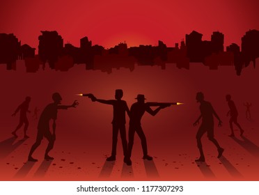 Silhouette of two man stand and fighting crowd zombie with handgun and rifle on ruined city background. Red Theme Illustration.