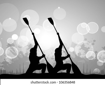 Silhouette of a two mans doing kayaking on abstract grungy grey background. EPS 10.