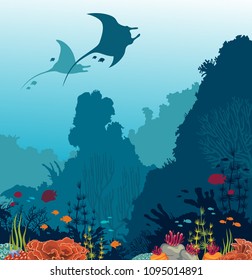 Silhouette of two mantas, coral reef and fishes on a blue sea background. Underwater marine life. Vector illustration. 