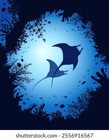 Silhouette of two mantas, coral reef and school of fish on a blue sea. Vector illustration with underwater nature. Flora and fauna of ocean.