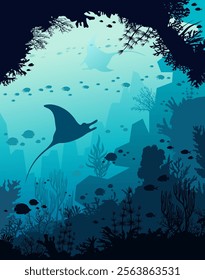 Silhouette of two mantas, coral reef and school of fish on a blue sea. Vector illustration with underwater nature. Flora and fauna of ocean