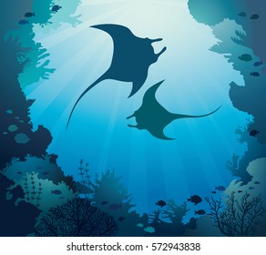 Silhouette of two mantas and coral reef on a blue sea background. Vector tropical illustration with marine life. Underwater seascape image.