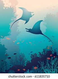 Silhouette of two mantas and coral reef with fish on a blue sea background. Underwater marine life. Vector natural illustration.