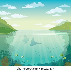 Silhouette of two mantas, coral reef, school of fish, green islands and cloudy sky. Vector summer illustration - blue sky above underwater sea with marine life.