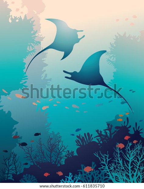 青の海の背景に2つのマンタと珊瑚礁と魚のシルエット 水中海洋生物 ベクター自然イラスト のベクター画像素材 ロイヤリティフリー