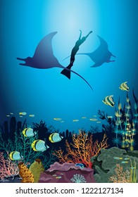 Silhouette of two mantas, freediver in monofin and coral reef with fishes on a blue sea background. Vector illustration with marine life. Underwater nature image.