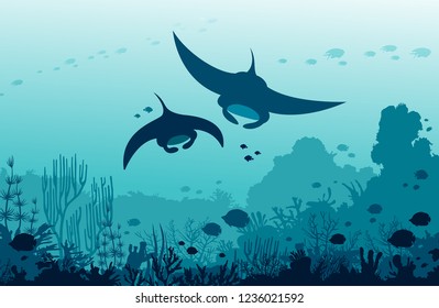 Silhouette of two mantas swimming near the coral reef and fishes on a blue sea background. Underwater marine wildlife. Vector ocean illustration.