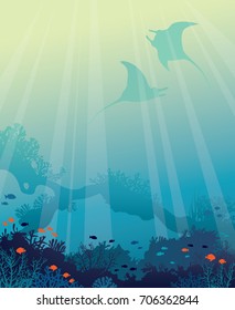 Silhouette of two mantas and underwater arch with beautiful coral reef and fishes on a blue sea background. Vector seascape illustration. Ocean wildlife. 