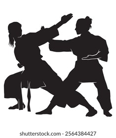 silhouette of two martial arts warriors fighting