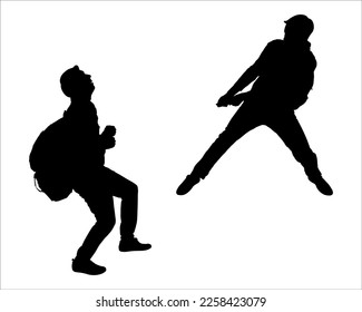 Silhouette of two men climbing a mountain by helping each other. A tourist pulls another tourist from below. Team building concept. Side view, profile. Two black silhouettes of men isolated	