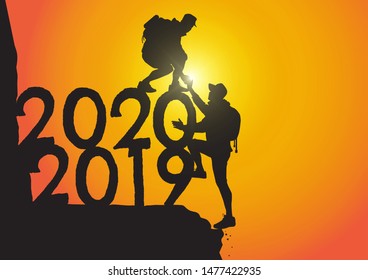 Silhouette of two men climbing from year 2019 to 2020 on sunrise background, successful teamwork passing through the year concept vector illustration