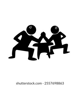 Silhouette of two men competing in an arm-wrestling match, isolated on a white background; cartoon doodle hand drawn, ink painting, vector illustration