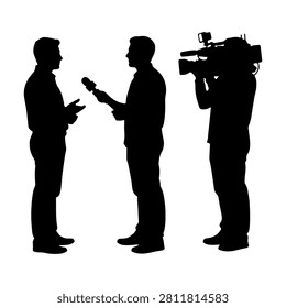 Silhouette of two men engaged in interview with a cameraman recording the scene, capturing media interaction and journalism in action.