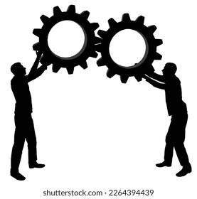 Silhouette of two men holding gears put them together in one gear. Business Concept. Vector Silhouette