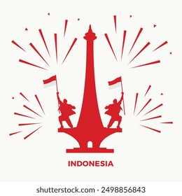 Silhouette of Two Men Holding Indonesian Flag Standing on National Monument with Fireworks - Independence Day Background