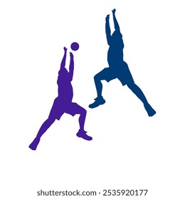 silhouette of two men jumping for the ball