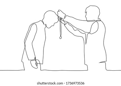 The silhouette of two men, one of which hangs a medal on a ribbon around the neck of another man. One continuous line drawing rewarding of a prize-winner (finalist, winner, athlete)