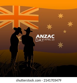 Silhouette of two men paying respects on anzac day with australian flag transparent at sunset and bold texts, Anzac Day April 25