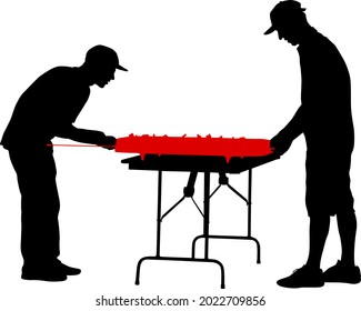 Silhouette dos hombres jugando al hockey sobre mesa con un fondo blanco.