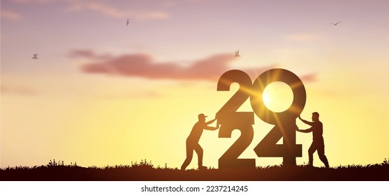 Silhouette zwei Männer, die den Jigsaw 2024 mit Sonnenlicht und hellem Himmel verbinden. Kreatives, schwarzes Symbol für Business Corporate Teamwork zu Lösungen, Erfolg und Strategie Concept Illustration. Vektorgrafik.